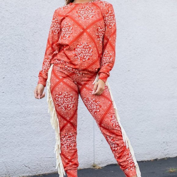 Pants & Jumpsuits Nib Red Leopard Bandana Straight Leg Jogger Set W Creme Fringe 2 Pieces